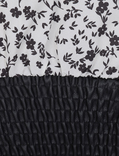 Robe à buste en simili et imprimé petites fleurs - Écru - 3