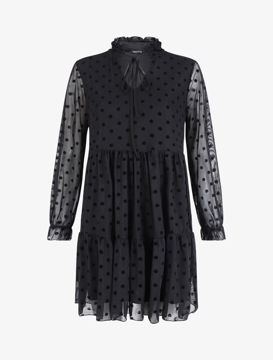 Robe plumetis à col volanté - Noir - 1