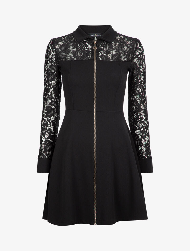 Robe à détails dentelle et zip contrastant - Noir - 1