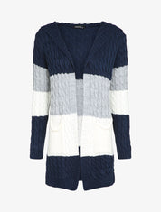Gilet mi-long à capuche en maille tressée rayée - Marine - 1