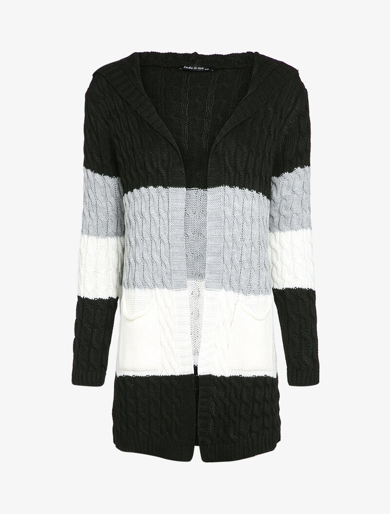 Gilet mi-long à capuche en maille tressée rayée - Noir - 1