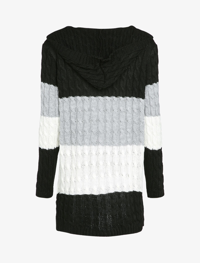 Gilet mi-long à capuche en maille tressée rayée - Noir - 2
