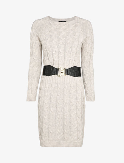 Robe pull en maille torsadée et taille côtelée - Écru - 1
