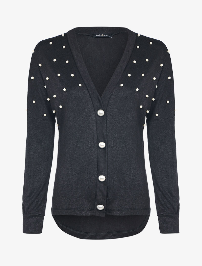 Gilet col V à perles nacrées - Noir - 2