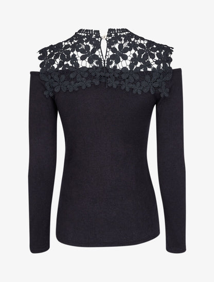 Pull à épaules dénudées et plastron dentelle - Noir - 2