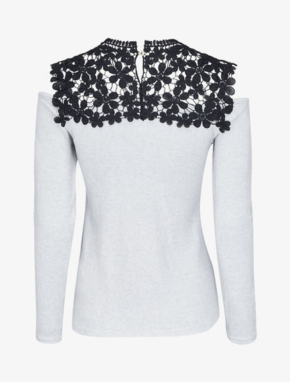Pull à épaules dénudées et plastron dentelle - Gris clair - 3