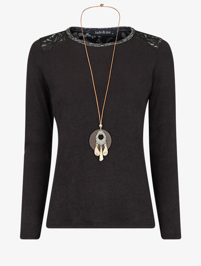 Pull à épaules en dentelle - Noir - 2