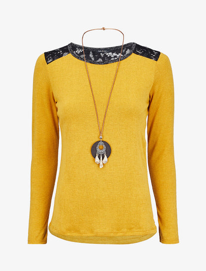 Pull à épaules en dentelle - Moutarde - 1