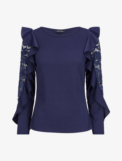 Top volanté à manches en dentelle - Bleu marine - 4