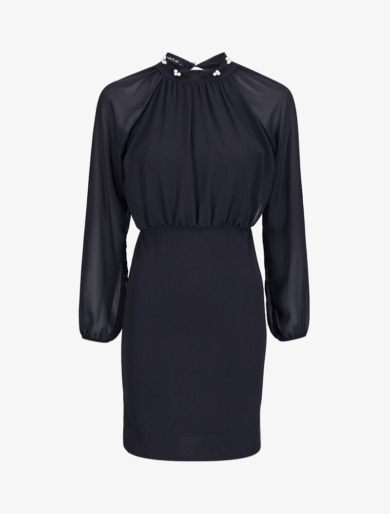 Robe bi-matière ornée de perles - Noir - 1