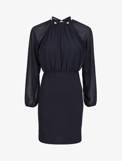 Robe bi-matière ornée de perles - Noir - 1