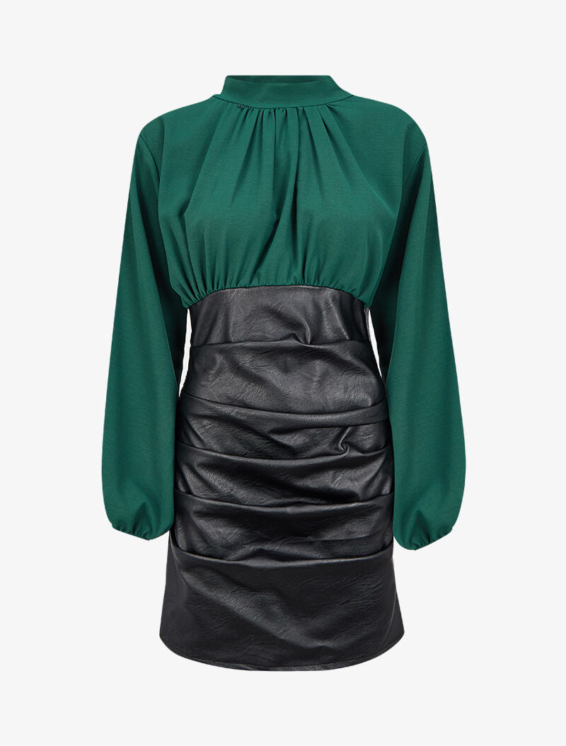 Robe bi-matière drapée à col montant - Vert sapin - 4