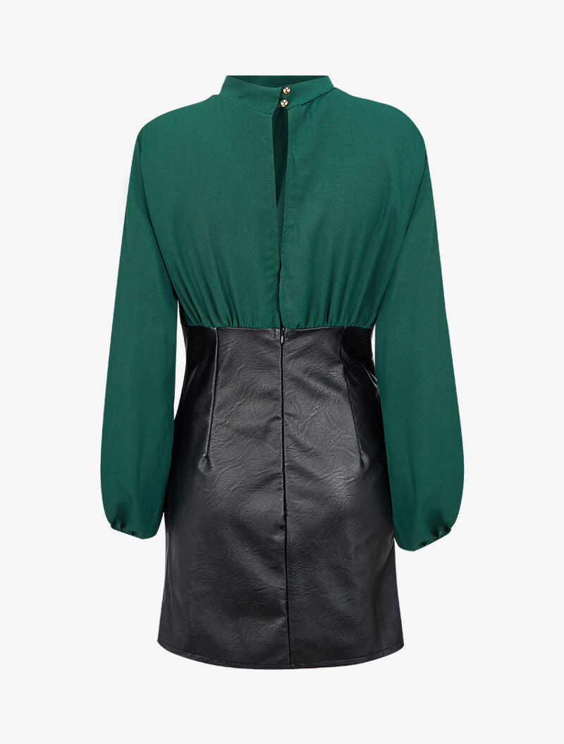 Robe bi-matière drapée à col montant - Vert sapin - 2