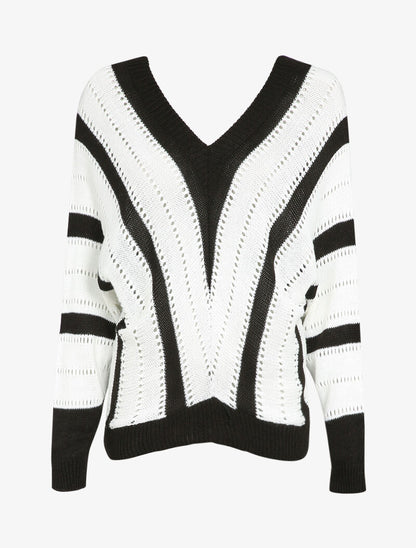 Pull col V à rayures en maille ajourée - Noir - 1