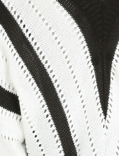 Pull col V à rayures en maille ajourée - Noir - 3