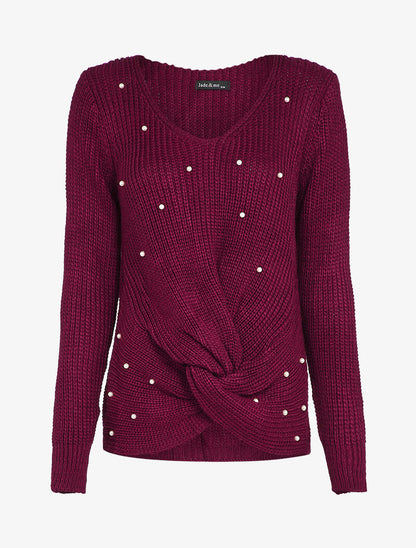 Pull torsadé à détails perles - Bordeaux - 4