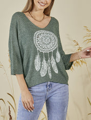 Pull oversize en maille crochet imprimé - Kaki - 1