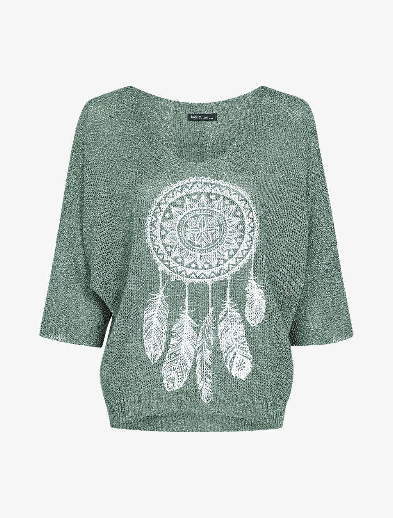 Pull oversize en maille crochet imprimé - Kaki - 2