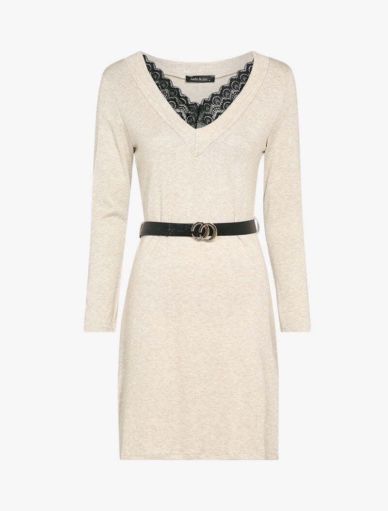 Robe pull à col V en dentelle - Beige - 4