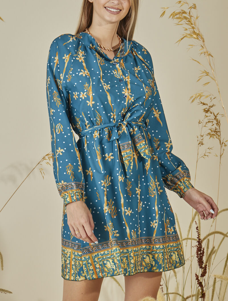 Robe patineuse courte à imprimé fleuri - Bleu canard - 1