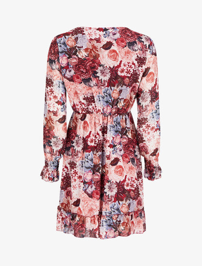 Robe imprimé bouquet de roses à col cache-coeur et volants - Bordeaux - 2