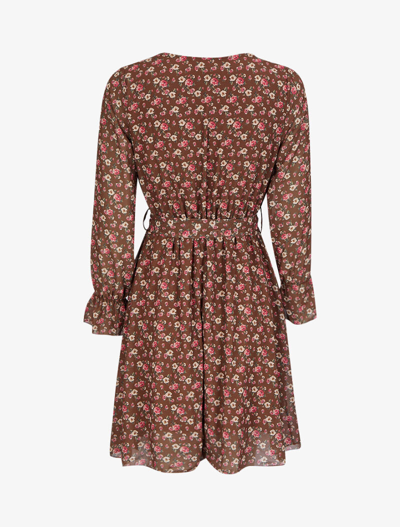 Robe imprimé petites roses à col cache-coeur et ceinture - Marron - 2