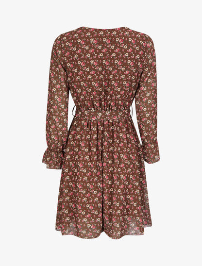 Robe imprimé petites roses à col cache-coeur et ceinture - Marron - 2
