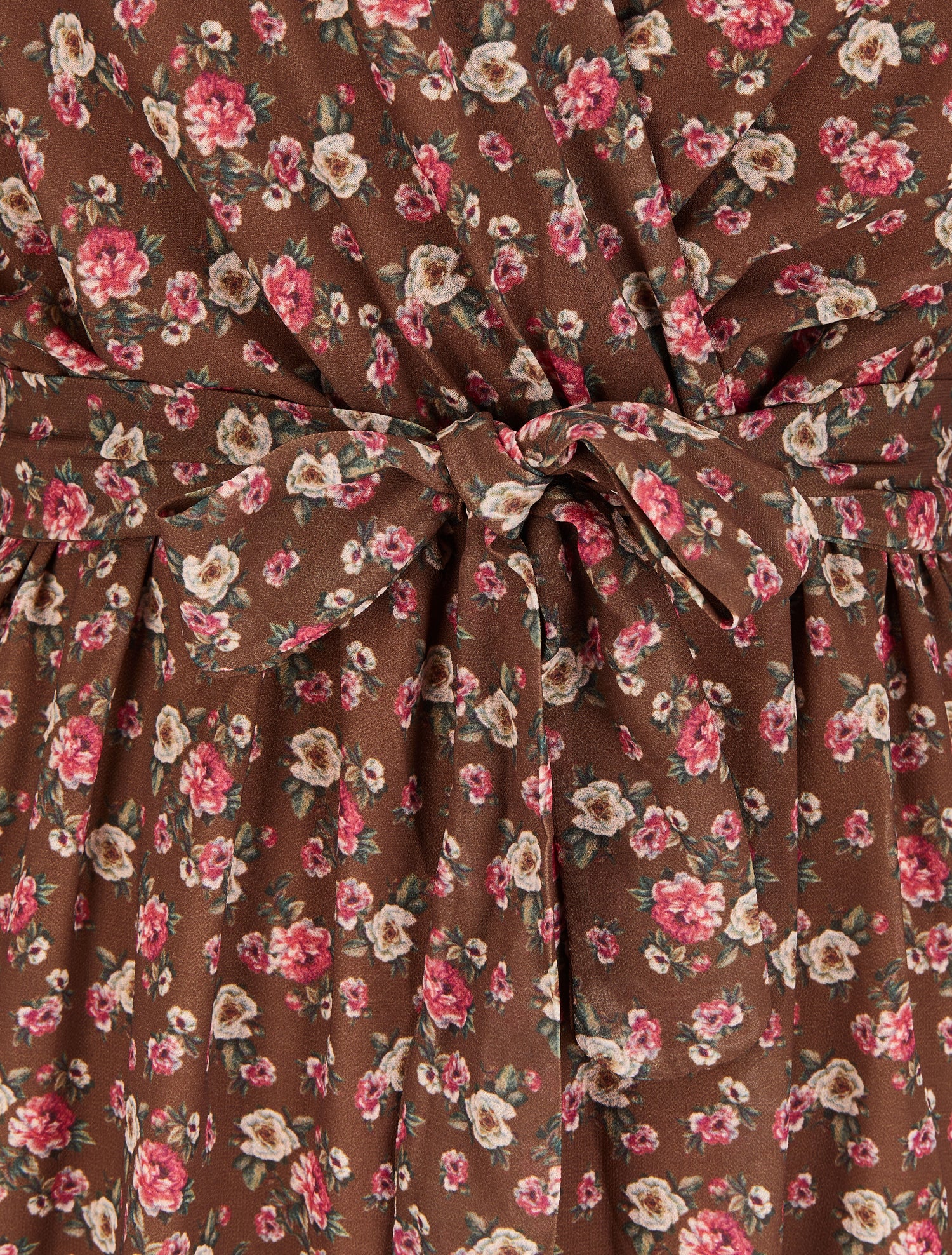 Robe imprimé petites roses à col cache-coeur et ceinture - Marron - 3