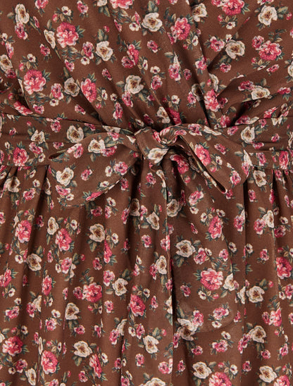 Robe imprimé petites roses à col cache-coeur et ceinture - Marron - 3