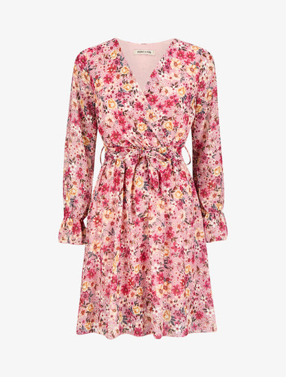 Robe imprimé multi fleurs à col cache-coeur et ceinture - Rose - 1