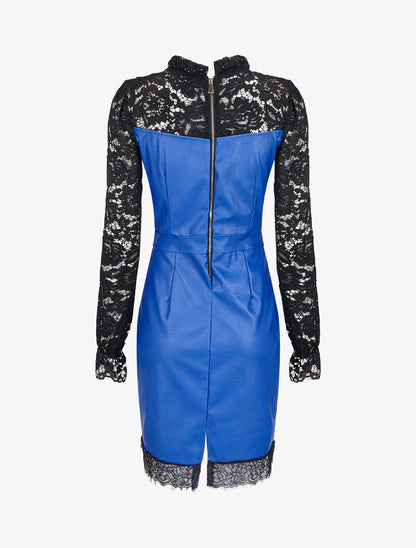 Robe fourreau en simili et dentelle - Bleu électrique - 2