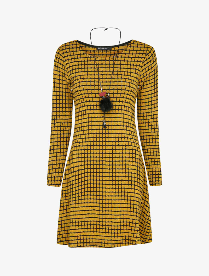 Robe pull évasée à carreaux et manches longues - Moutarde - 4