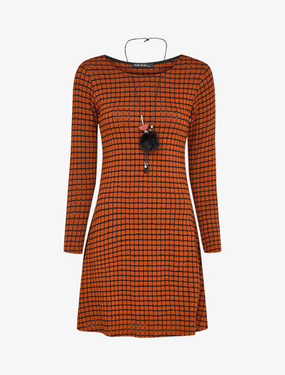 Robe pull évasée à carreaux et manches longues - Rouille - 1