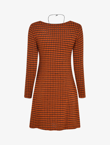 Robe pull évasée à carreaux et manches longues - Rouille - 2