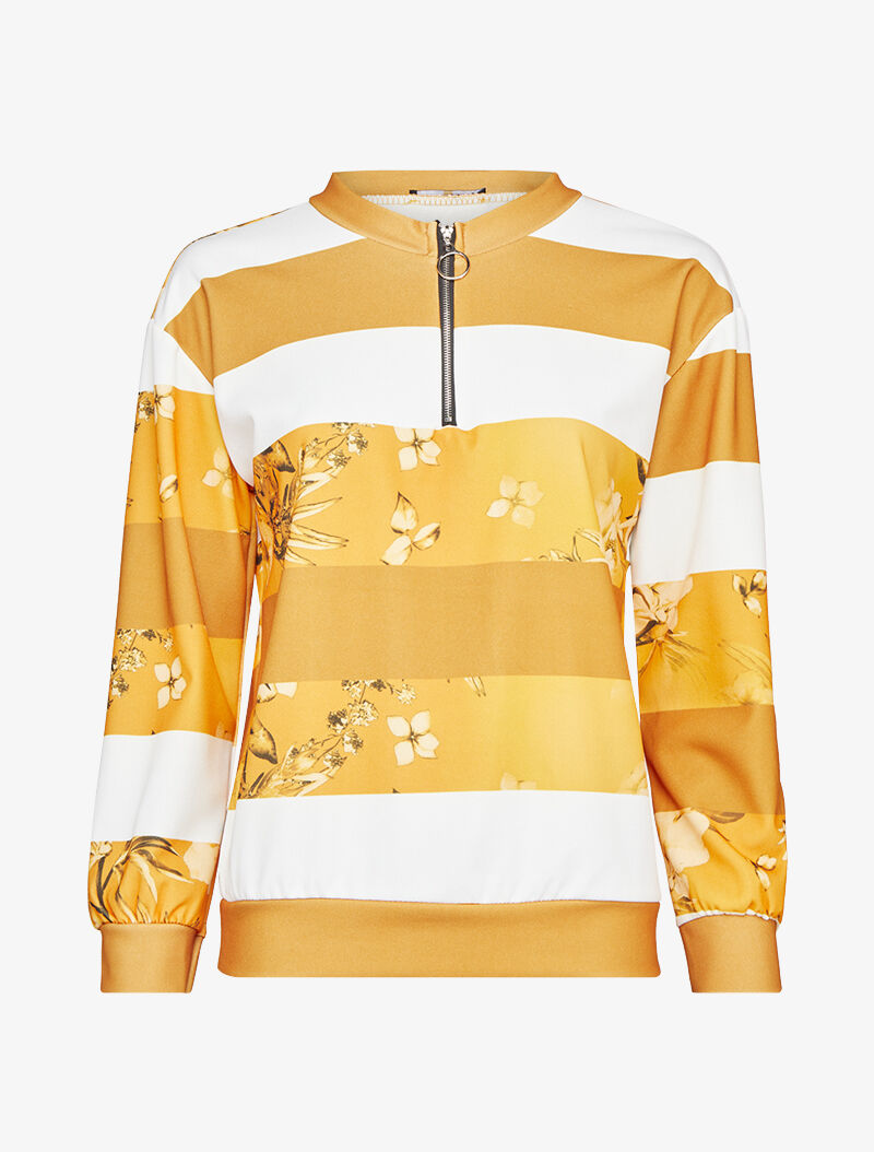 Sweat zippé style survêtement à rayures et imprimé fleuri - Moutarde - 1