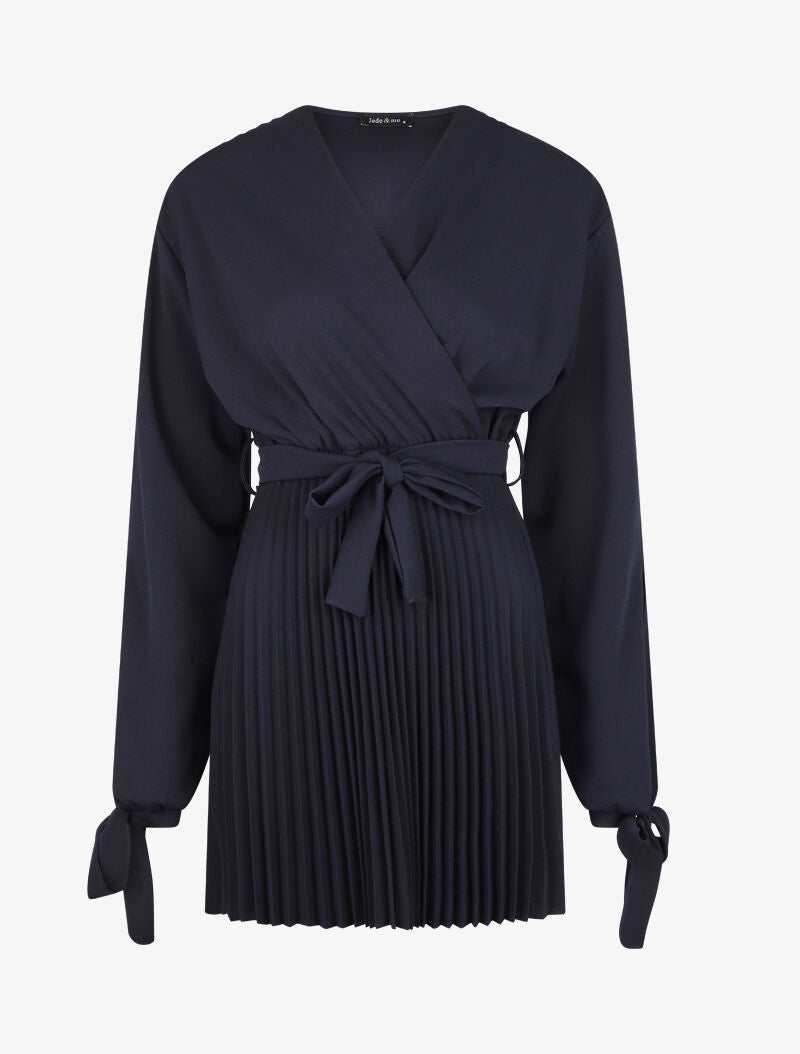 Robe plissée à col cache-coeur et poignets à nouer - Marine - 1