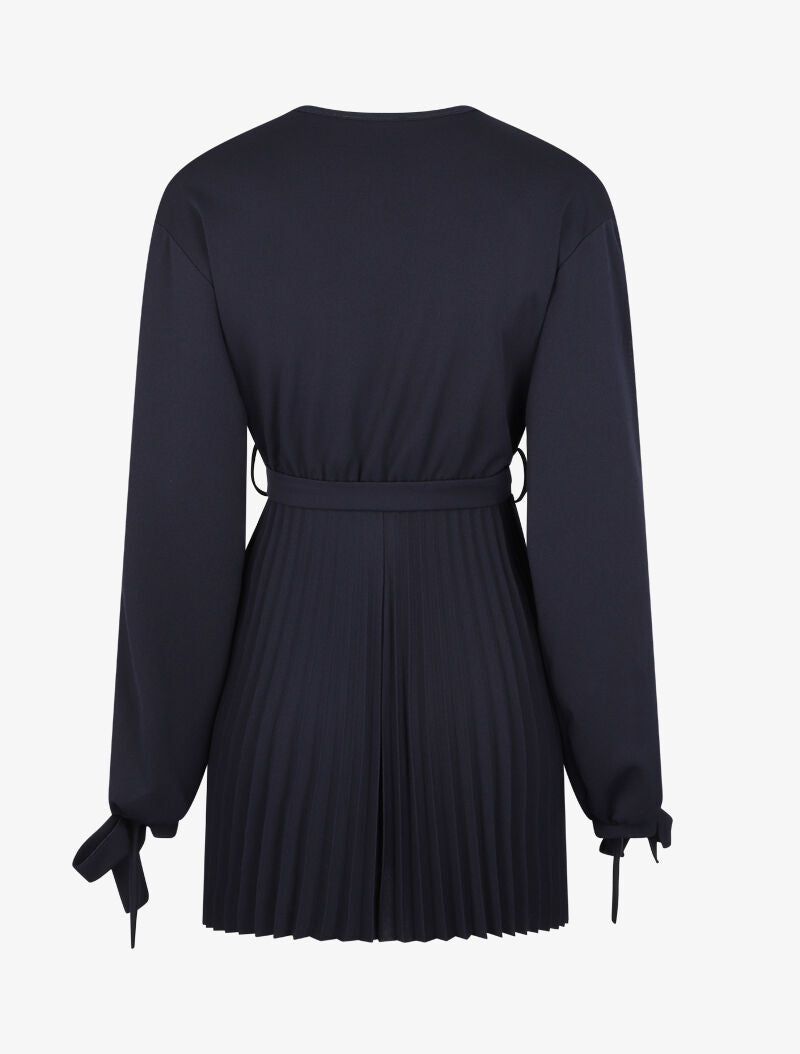 Robe plissée à col cache-coeur et poignets à nouer - Marine - 2