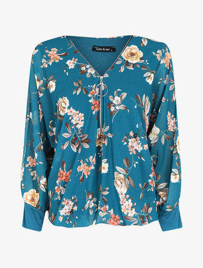 Top imprimé floral à fermeture stylisée - Bleu - 4