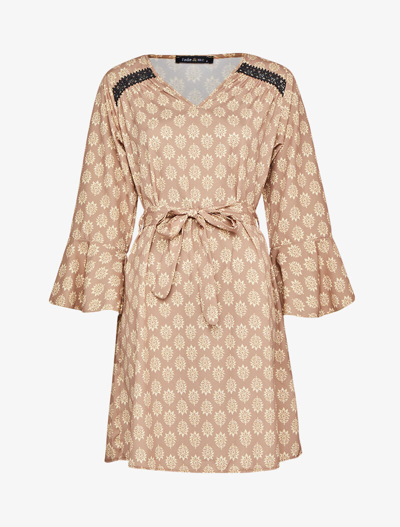 Robe imprimé fleurs graphiques à manches trompettes volantées - Beige - 1