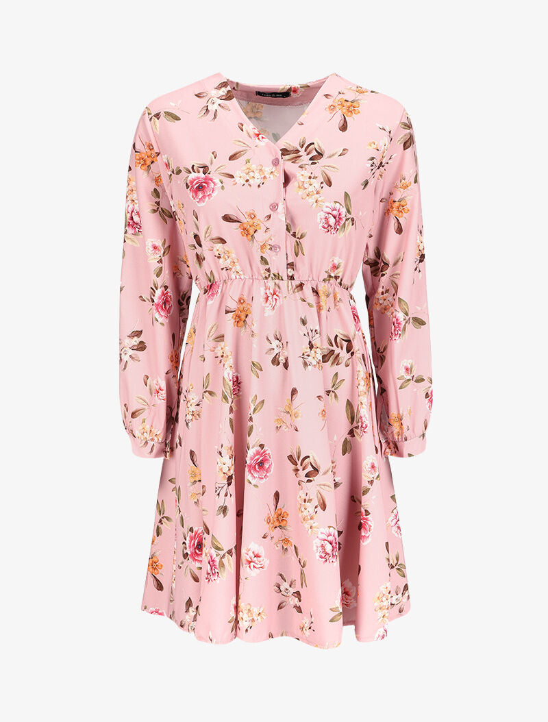 Robe patineuse satinée à imprimé roses sauvages - Rose poudré - 1