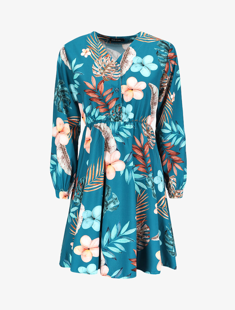 Robe patineuse satinée à imprimé fleurs de Tiaré - Bleu canard - 1