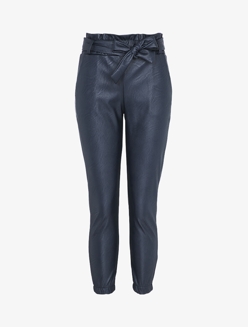Pantalon en simili à taille haute froncée et chevilles élastiquées - Marine - 1