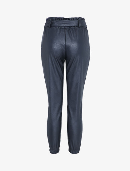 Pantalon en simili à taille haute froncée et chevilles élastiquées - Marine - 2
