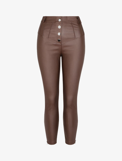 Pantalon taille haute enduit à coutures contrastantes - Marron - 1