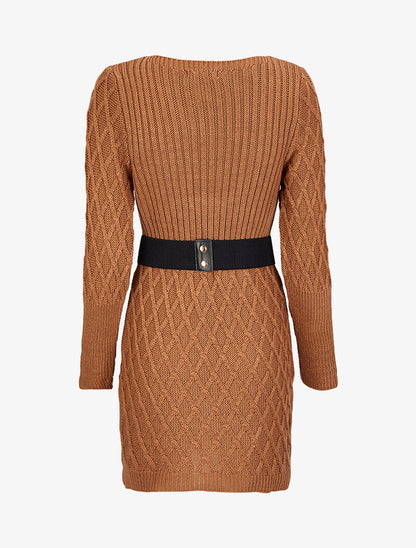 Robe pull en maille effet croisé - Camel - 2