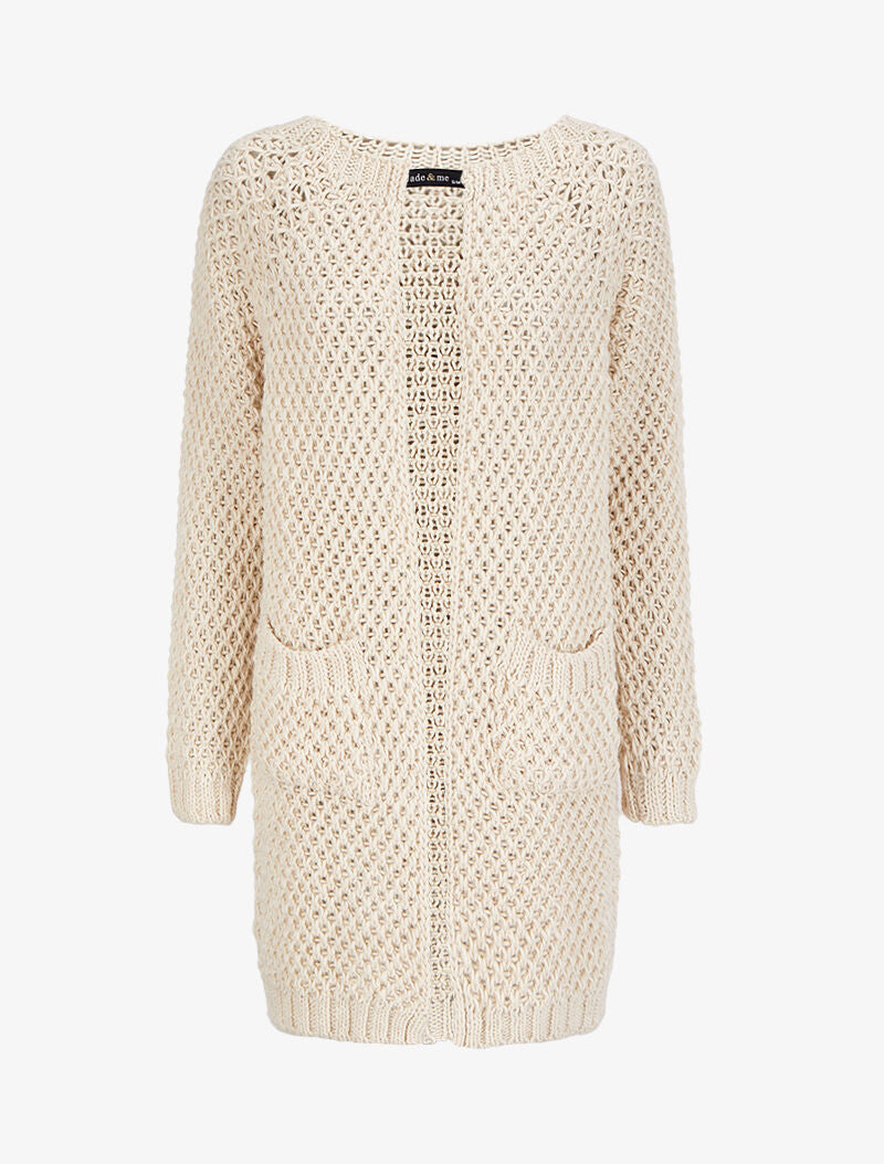 Gilet ouvert en maille crochet - Beige - 4