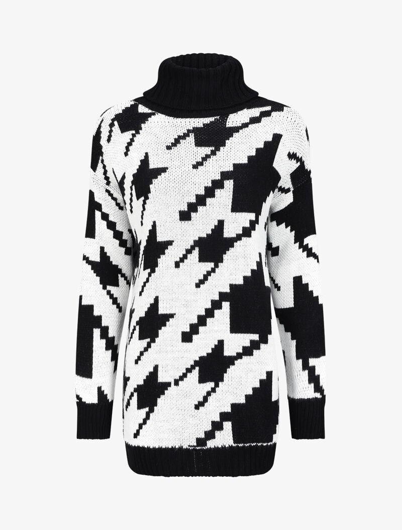 Pull long à col roulé et imprimé pied de coq stylisé - Noir - 1