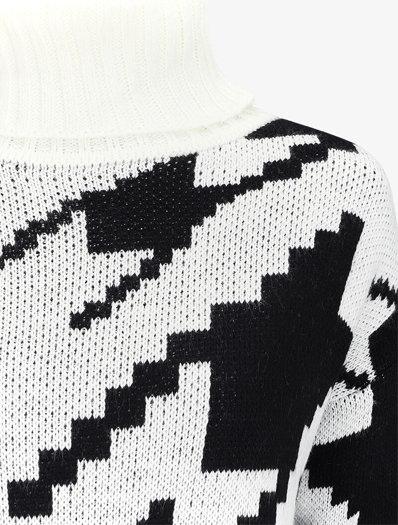 Pull à col roulé et imprimé pied de coq stylisé - Blanc - 3