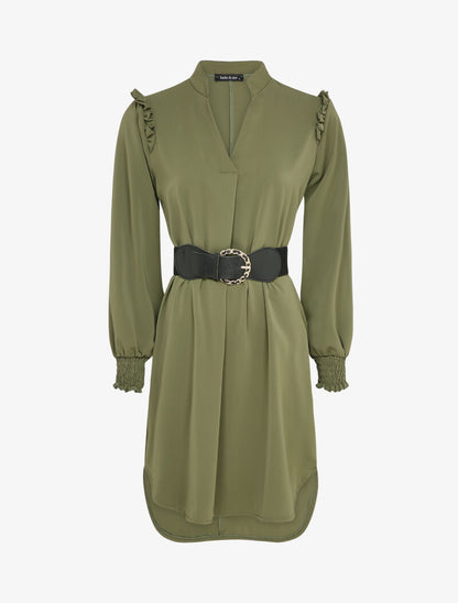 Robe satinée à épaules volantées et manches bouffantes - Kaki - 1