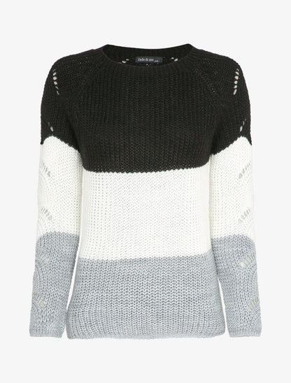 Pull long color block en maille - Noir - 1